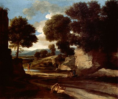 Paesaggio con viaggiatori che riposano da Nicolas Poussin